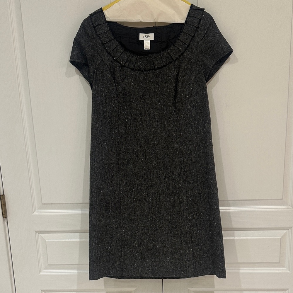 LOFT Charcoal Tweed Short-Sleeve Shift Dress